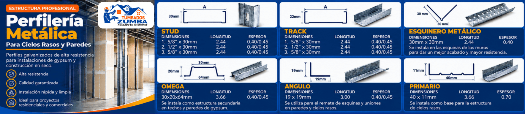 Perfilería metálica para cielos rasos y paredes